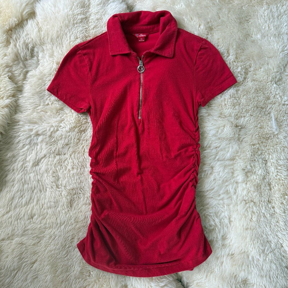 Vintage Guess Red Quarter-Zip Ruched Polo Top XS